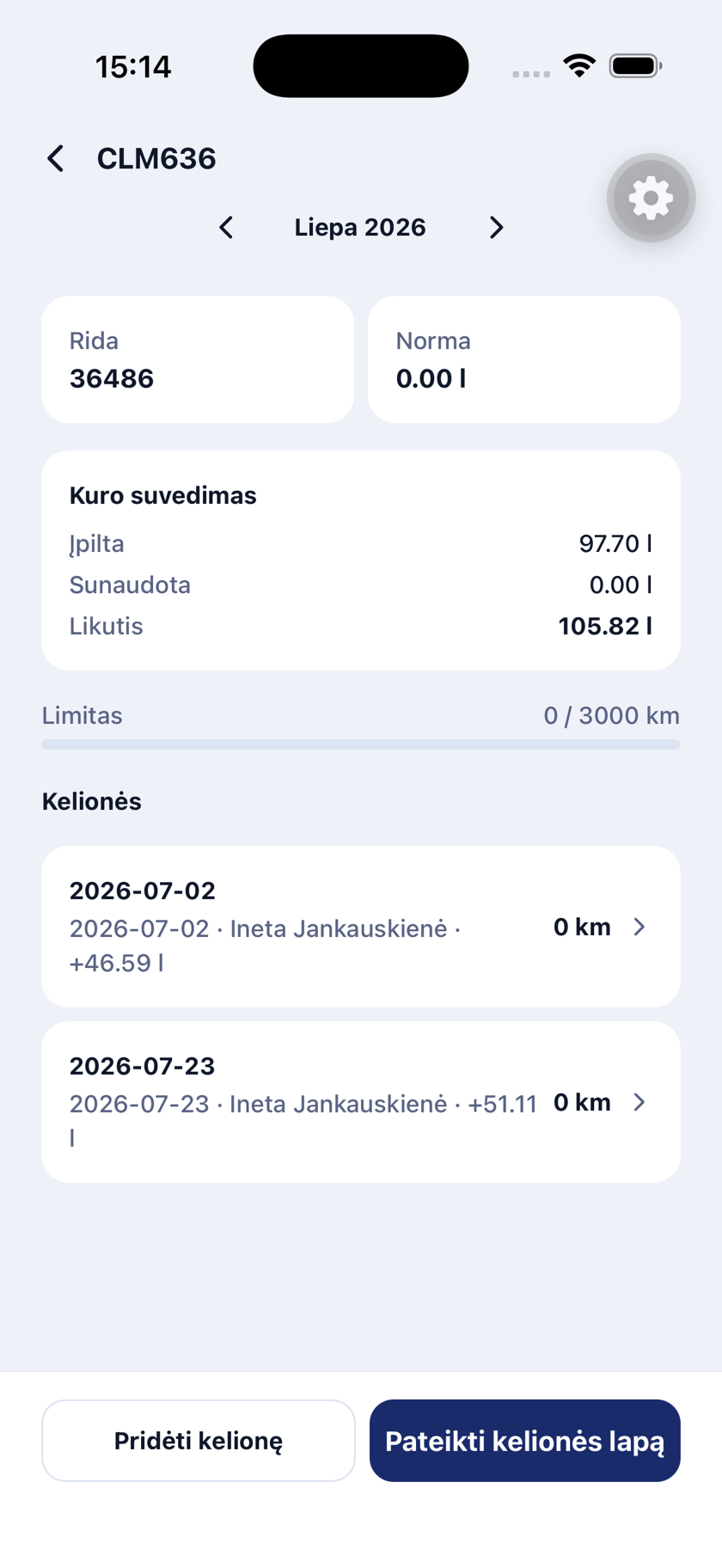 Ezura programėlė: mėnesio kelionės lapas su iš kuro sąskaitų atkeliavusiais pildymais
